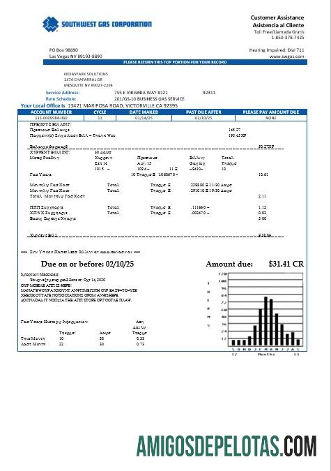 realista Modelo de conta de serviços públicos da USA Nevada Southwest Gas Corporation em formatos Word e PDF